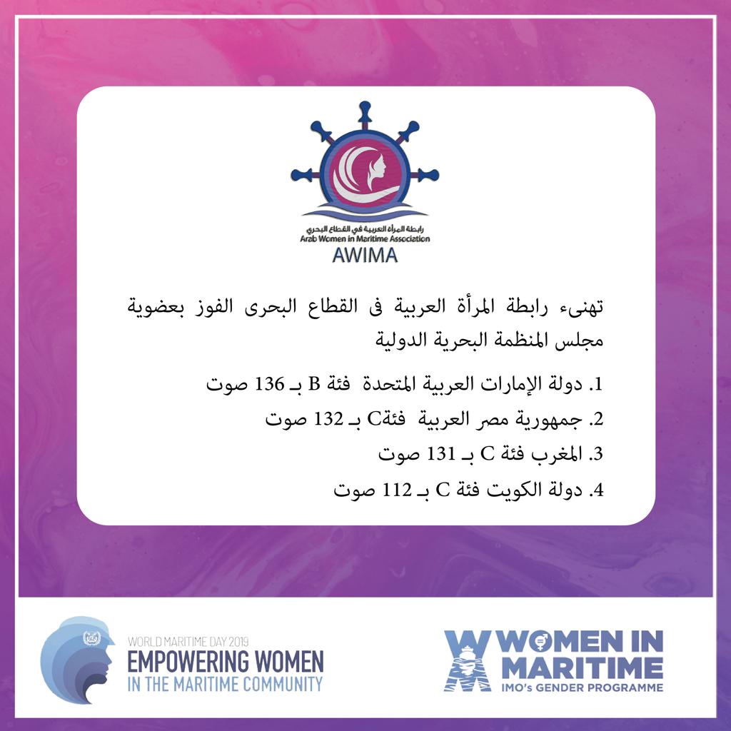 تهنئة رابطة المرأة العربية بالقطاع البحري للدول الفائزة في انتخابات عضوية المجلس التنفيذي للمنظمة البحرية